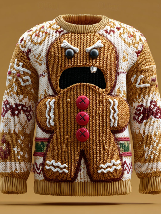  Ugly Christmas Sweater Men's 3D Print Gingerbread Pullover Sweater Jumper Knitwear Crewneck Casual Vacation Daily Festival 3D Print Keep Warm Long Sleeve Spring Fall Winter Red -1 Red -2 Brown