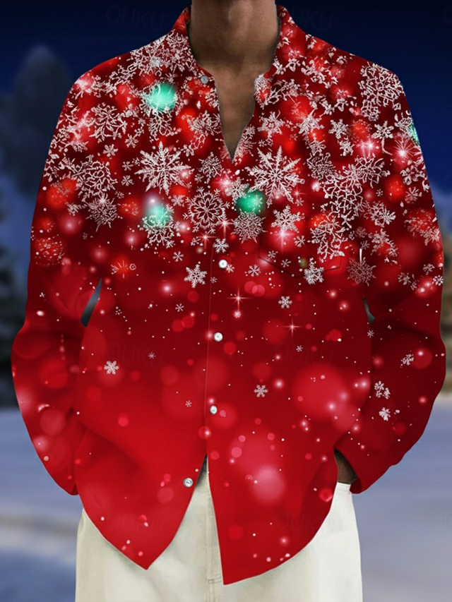  Christmas Men's Snowflake Christmas Light Shirt Button Up Shirt Long Sleeve Fashion Casual Holiday Spring Fall Turndown 3D Print Front One Pocket Linen Like Shirt Red Purple Gold