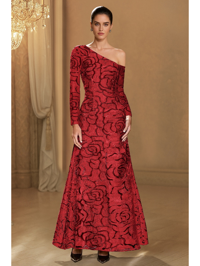  A-Line Floor Length Evening Gown Ball Gown Formal Dress Elegant Short Sleeve One Shoulder Formal Wedding Pocket Lace Velvet with Floral Print 2025