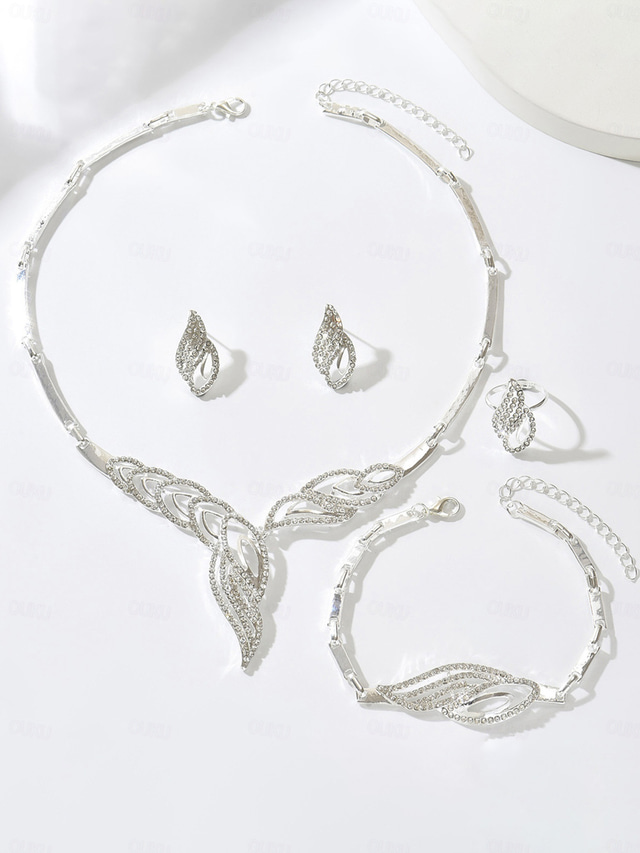  Women's Gold Plated Jewelry Set with Rhinestones, Elegant 4-Piece Necklace, Bracelet, Earrings & Ring Set for Parties, Weddings & Evening Events