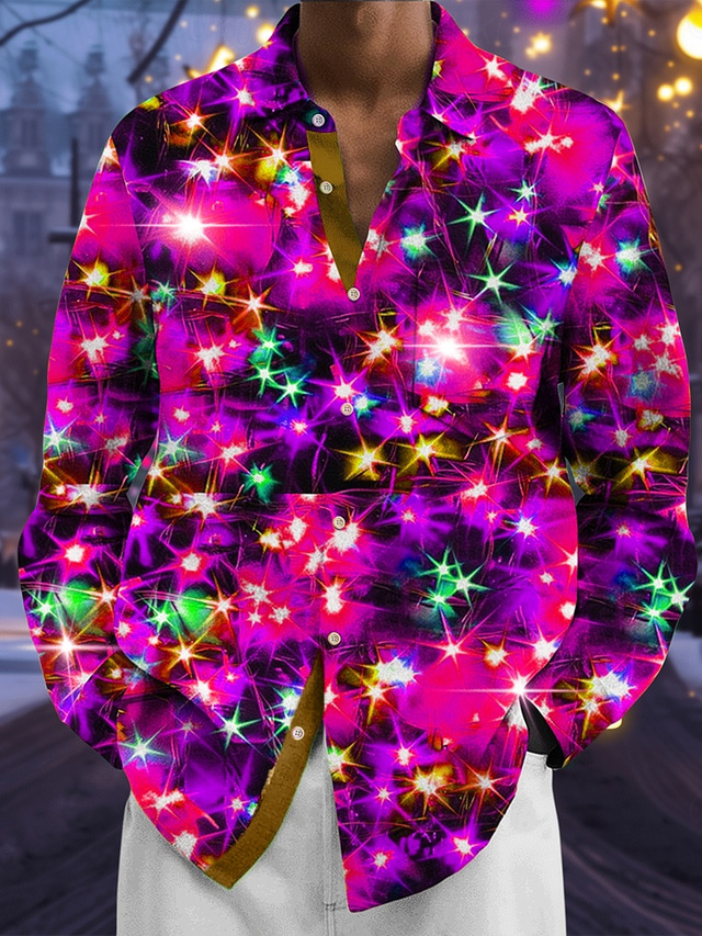  Kerstmis Voor heren Sprankelende glitter Kerstverlichting Overhemd Overhemd met knopen Lange mouw Mode-casual Feestdagen Lente Herfst Strijkijzer 3D-afdrukken Voorste zak Linnenachtig shirt Oranje