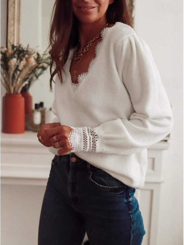  Women's Sweater Elegant Vintage Fashion V Neck Lace Long Sleeve Regular Tops Knit Daily Holiday Date White Fall Winter