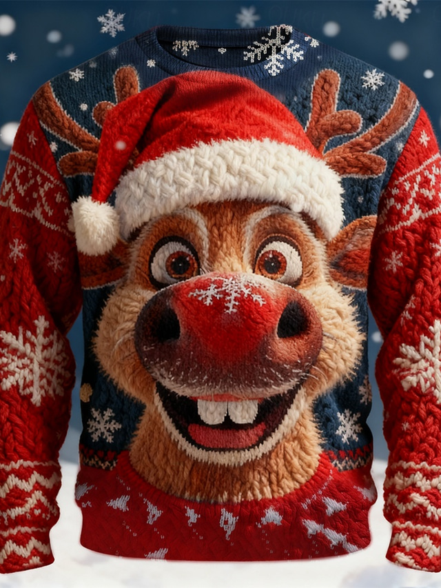  Ugly Christmas Sweater Men's Elk Print Pullover Sweater Jumper Knitwear Crewneck Casual Vacation Daily Keep Warm Long Sleeve Spring Fall Winter Black Red Blue