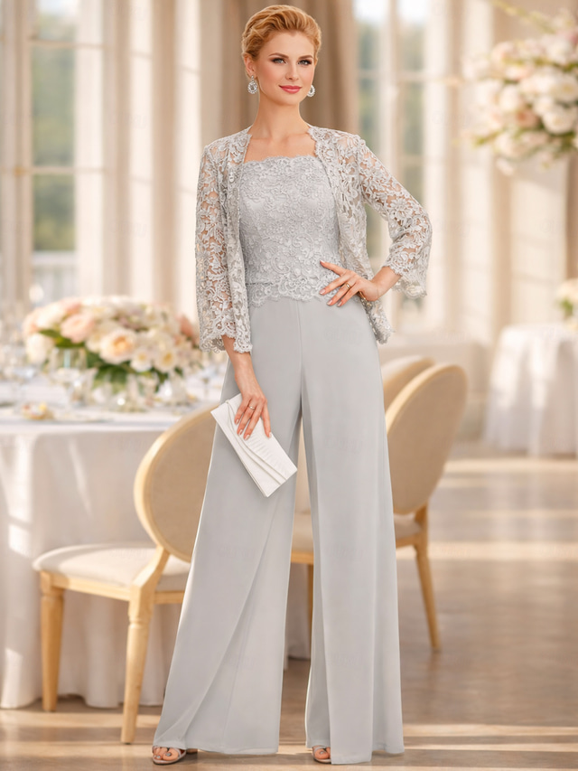  Buksedrakt 3 -delt drakt Gulvlengde Kjole til brudens mor Ermeløs Firkantet hals Elegant Plusstørrelse Formell Bryllupsgjest Chiffon Snøringsblonder Innpakking inkludert med Blonder Appliqué