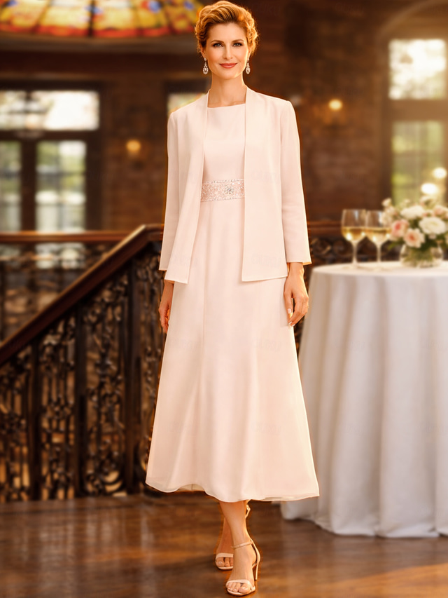  Two Piece Sheath Column Tea Length Wedding Guest Dress Mother of the Bride Dress Sleeveless Jewel Neck Elegant Plus Size Wedding Guest Formal Evening Chiffon Wrap Included with Sash / Ribbon Pleats