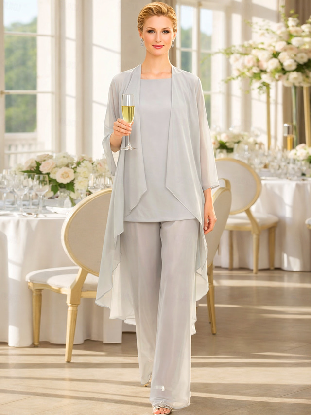  Terninho Traje de 3 peças Longo Vestido Para Mãe dos Noivos Sem Manga Barco Pescoço Elegante Tamanhos Grandes Embrulho incluido Convidado do casamento Chiffon Vestidos de jaqueta com Cor Única