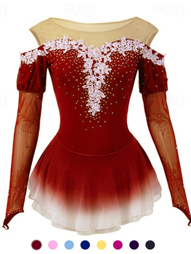  Figure Skating Dress Women's Girls' Ice Skating Dress Yellow Pink Dark Purple Patchwork Mesh Spandex High Elasticity Competition Skating Wear Crystal / Rhinestone Dumb Light Fashion Long Sleeve Ice