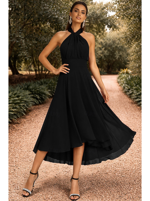  Vestidos de convidada de casamento A-line vestido elegante festa formal de casamento comprimento de chá sem mangas um ombro convidada de casamento de outono chiffon com franzido