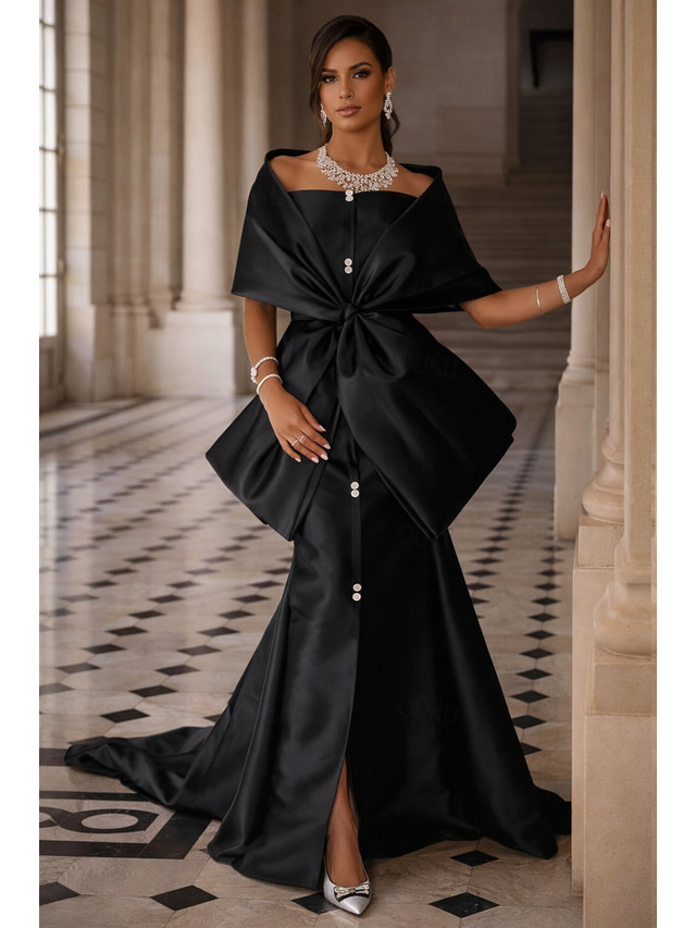  トランペット／マーメイド コートトレーン イブニングドレス エレガント ハーフスリーブ オフショルダー フォーマル サテン ととも​​に リボン スリット