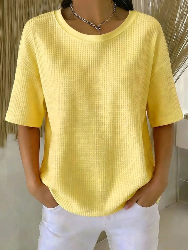  Damen Waffelhemd T Shirt T-Shirt Waffelstricktops Einfarbig Klassisch Modern Lässig Kurzarm Rundhalsausschnitt Normale Oberteile Täglich Ferien Ausgehen Schwarz Weiß Gelb Rosa Wein Sommer Frühling