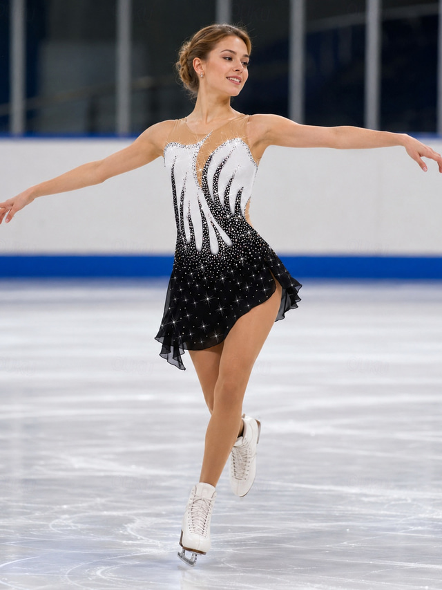  Figure Skating Dress Women's Girls' Ice Skating Dress Outfits Black White Yellow Mesh Spandex High Elasticity Training Practice Competition Skating Wear Crystal / Rhinestone Sleeveless Ice Skating