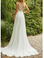 cheap Wedding Dresses-Beach Open Back Boho Wedding Dresses A-Line Illusion Neck Cap Sleeve Sweep / Brush Train Chiffon Bridal Gowns With Lace Insert  dress to impress Fall Wedding 2025