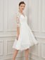 abordables Petits robes blanches-Ligne A Mi-long Robes de mariée Robes pour enterrement de vie de jeune fille robe de mariée Petites Robes Blanches Demi Manches Col en V Remise des Diplômes Anniversaire Chiffon Dentelle avec Drap