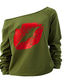 economico T-Shirt da donna-labbra sexy pullover da donna stampate casual con spalle scoperte (verde + rosso, xl)