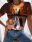preiswerte T-Shirt-Damen T Shirt Design 3D-Druck Katze Landschaft 3D Design Kurzarm Rundhalsausschnitt Festtage Bedruckt Kleidung Design Basic Braun