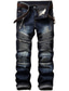billige Cargobukser-mænds retro nødlidende lynlås plisserede slidstærke jeansbukser lige bukser slim fit biker jeans bukser i retrostil