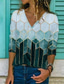 billige T-skjorter til kvinner-Dame Daglig Helg Geometrisk Maling T skjorte Fargeblokk Geometrisk Langermet Trykt mønster V-hals Grunnleggende Topper Grønn Beige S / 3D-utskrift