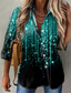 Χαμηλού Κόστους Γυναικείες Μπλούζες &amp; Πουκάμισα-Γυναικεία Μπλούζα Πουκάμισο Ριγέ Σπινθήρα Glittery Κουμπί Στάμπα Κολάρο Πουκαμίσου Κομψό στυλ street Άριστος Θαλασσί Βυσσινί Πράσινο του τριφυλλιού / 3D εκτύπωση