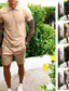 baratos Conjuntos de Camisas para Homem-Roupas esportivas de verão masculinas camisas com zíper de manga curta com calça de moletom shorts atléticos sólidos 2 peças conjunto preto