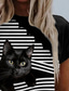 cheap Women&#039;s T-shirts-Women&#039;s T shirt Tee Designer 3D Print Striped Cat Graphic 3D Design Short Sleeve Round Neck Daily Print Clothing Clothes Designer Basic Vintage Black