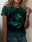 levne Dámská trička-Dámské Tričko Designové 3D tisk 3D Design Růže Krátký rukáv Kulatý Ležérní Dovolená Tisk Oblečení Oblečení Designové Základní Valentýn Trávová zelená Vodní modrá Fialová