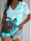 baratos T-Shirts de mulher-Mulheres Camiseta Designer Manga Curta Geométrica oceano Impressão 3D Decote V Casual Feriado Imprimir Roupas Designer Básico Étnico Verde Azul Verde Claro