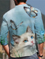 Χαμηλού Κόστους Ανδρικά πουκάμισα με στάμπα-Ανδρικά Πουκάμισο Στάμπα Γάτα Γραφική Πεταλούδα Ζώο Όρθιος Γιακάς Causal Καθημερινά Κουμπί-Κάτω Στάμπα Μακρυμάνικο Άριστος Υψηλής Ποιότητας Καθημερινό Μοντέρνα Άνετο Θαλασσί