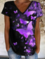 preiswerte T-Shirt-Damen T Shirt Designer Kurzarm Schmetterling 3D-Druck V Ausschnitt Alltag Wochenende Bedruckt Kleidung Designer Basic Grün Purpur Rosa