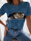 billige T-skjorter til kvinner-Dame T skjorte Designer 3D-utskrift Katt Grafisk 3D Design Kortermet Rund hals Avslappet Trykt mønster Klær Klær Designer Grunnleggende Blå