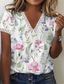 baratos T-Shirts de mulher-Mulheres Casual Diário Feriado Camiseta Flor Manga Curta Patchwork Guarnição do laço Imprimir Decote V Básico Blusas Branco Preto Azul Claro S / Impressão 3D