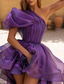 voordelige PAARS-A-Lijn Avondjurk Sexy Jurk Prom Bruiloft Feest Asymmetrisch Mouwloos Eén Schouder Organza met Ruffles Effen Kleur Maskerfeest Jurk