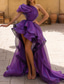 voordelige PAARS-A-Lijn Avondjurk Sexy Jurk Prom Bruiloft Feest Asymmetrisch Mouwloos Eén Schouder Organza met Ruffles Effen Kleur Maskerfeest Jurk