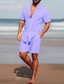 cheap Men&#039; Shirt Sets-Men&#039;s Shirt Linen Shirt 2 Piece Shirt Set Summer Set Pink Purple Khaki Short Sleeve Plain Stand Collar Spring &amp; Summer Hawaiian Holiday Clothing Apparel Pocket