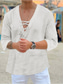 billiga fritidsskjortor för män-vardagsskjorta för män enfärgad v-ringad dragsko daglig gata strandsemester toppskjortor 3/4 långa ärmar sommar höstskjortor bekväma lätta vit svart