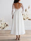 cheap Little White Dresses-Beach Wedding Reception Vintage 1940s / 1950s Little White Dress Bridal Shower Dresses Wedding Dresses A-Line Illusion Neck Long Sleeve Ankle Length Chiffon Bridal Gowns With Appliques