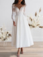 cheap Little White Dresses-Beach Wedding Reception Vintage 1940s / 1950s Little White Dress Bridal Shower Dresses Wedding Dresses A-Line Illusion Neck Long Sleeve Ankle Length Chiffon Bridal Gowns With Appliques