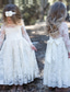 billige Blomsterkjoler-Barn Jente Blomsterjente kjole Kjole Ensfarget Langermet Bryllup Fest Daglig Blonde Netting Broderi søt stil Prinsesse Bomull Maksi Kjole med A-linje Tyllkjole Høst Vinter 3-12 år Hvit Beige