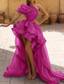 voordelige PAARS-A-Lijn Avondjurk Sexy Jurk Prom Bruiloft Feest Asymmetrisch Mouwloos Eén Schouder Organza met Ruffles Effen Kleur Maskerfeest Jurk
