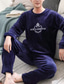 baratos Pijamas-Homens Pijamas Loungewear Conjuntos Cor imaculada Básico Moda Conforto Casa Coral Fleece Coral Velvet Quente Gola Redonda Manga Longa Calça Inverno Outono Preto Azul / Felpudo