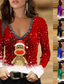 baratos T-Shirts de mulher-Mulheres Camiseta Preto Vermelho Azul Gráfico Floco de Neve Com Corte Imprimir Manga Longa Natal Casual Vintage Básico Natal Decote Redondo Gato 3D