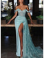 baratos AZUL-Vestido de Noite Sereia com Lantejoulas Vestido Sexy Convidada de Casamento Formal Cauda de Corte Sem Mangas Decote Ombro Caído Charmeuse com Fenda Apliques Plissados Vestido de Máscara 2025