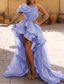 voordelige PAARS-A-Lijn Avondjurk Sexy Jurk Prom Bruiloft Feest Asymmetrisch Mouwloos Eén Schouder Organza met Ruffles Effen Kleur Maskerfeest Jurk