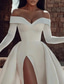 preiswerte Luxuriöse Hochzeitskleider-Vintage 1940er/1950er Formelle Hochzeitskleider A-Linie Off-Shoulder Lange Ärmel Kapellenzug Satin Brautkleider mit geteiltem Vorderteil einfarbig 2025