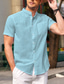 billige mænds fritidsskjorter-Herre linned skjorte Sommer skjorte Sort Hvid Navyblå Kortærmet Vanlig Krave Sommer Afslappet Daglig Tøj Frontlomme