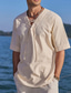 billige mænds fritidsskjorter-Herre linned skjorte V-hals Sommer Kortærmet Sort Hvid Navyblå Vanlig Afslappet Daglig Tøj Blondér