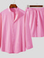 cheap Men&#039; Shirt Sets-Men&#039;s Linen Shirt 2 Piece Shirt Set Summer Set Summer Shirt Beach Shirt Pink Purple Apricot Long Sleeve Plain Collar Summer Street Daily Clothing Apparel 2 Piece