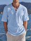 cheap Men&#039;s Casual Shirts-Men&#039;s Linen Shirt V Neck Summer Short Sleeve Black White Navy Blue Plain Casual Daily Clothing Apparel Lace up