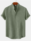Недорогие мужские повседневные рубашки-мужская рубашка сплошной цвет воротник-стойка уличные повседневные топы с короткими рукавами на пуговицах повседневная мода удобные черные светло-зеленые хаки / летние рубашки