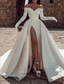 preiswerte Luxuriöse Hochzeitskleider-Vintage 1940er/1950er Formelle Hochzeitskleider A-Linie Off-Shoulder Lange Ärmel Kapellenzug Satin Brautkleider mit geteiltem Vorderteil einfarbig 2025