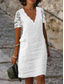 cheap Design Cotton &amp; Linen Dresses-Women&#039;s White Dress Casual Dress Cotton Linen Dress Midi Dress Cotton Blend Contrast Lace Lace Casual Daily Vacation V Neck Short Sleeve Summer Spring White Plain